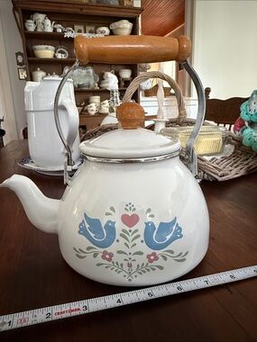 White HIMARK enameled Teapot with Blue Bird Folk Art